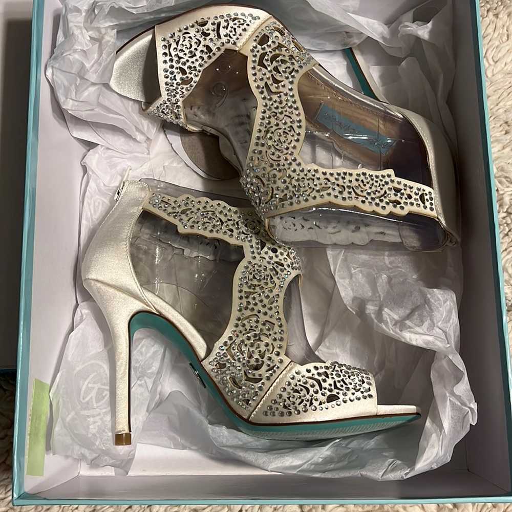 SB- Livie Ivory Satin shoes, Blue by Betsey Johnson